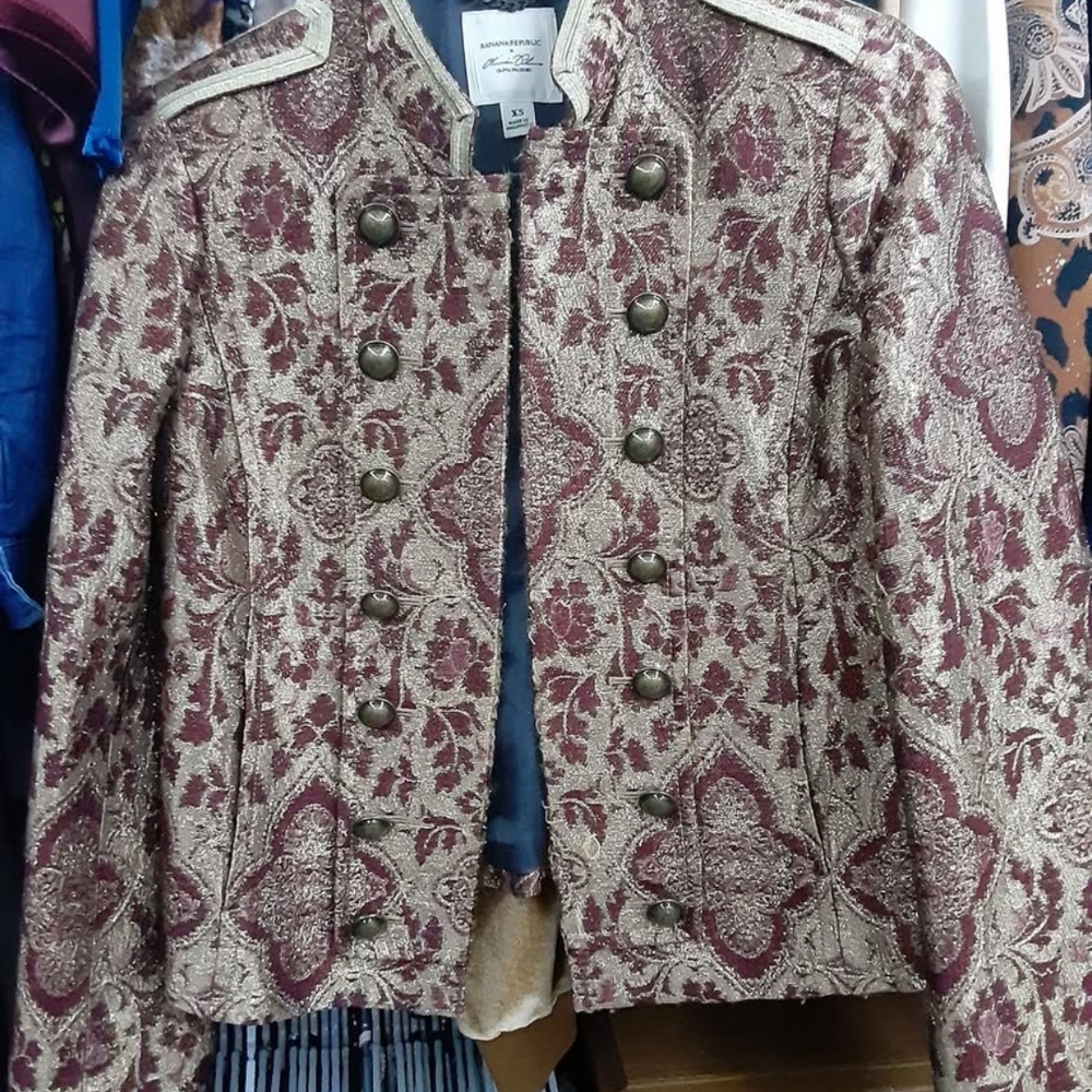 Banana Republic Gold and Burgundy Brocade Military Jacket